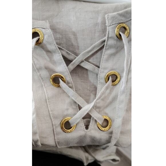 Ellen Tracy Linen Roll Tab Sleeve Tunic Top Size XXL Lace Up Neutral Sand Color - Picture 4 of 7